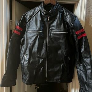 New! Alpha Stand Collar Leather Motorcycle Jacket with Armor Black, Red Accents